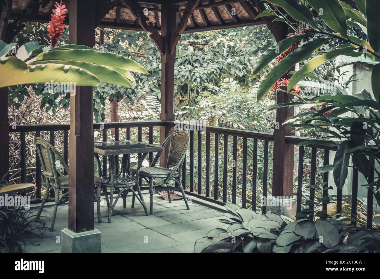 Vue depuis la chambre d'hôtel de luxe sur la terrasse avec belvédère et jungle. Banque D'Images