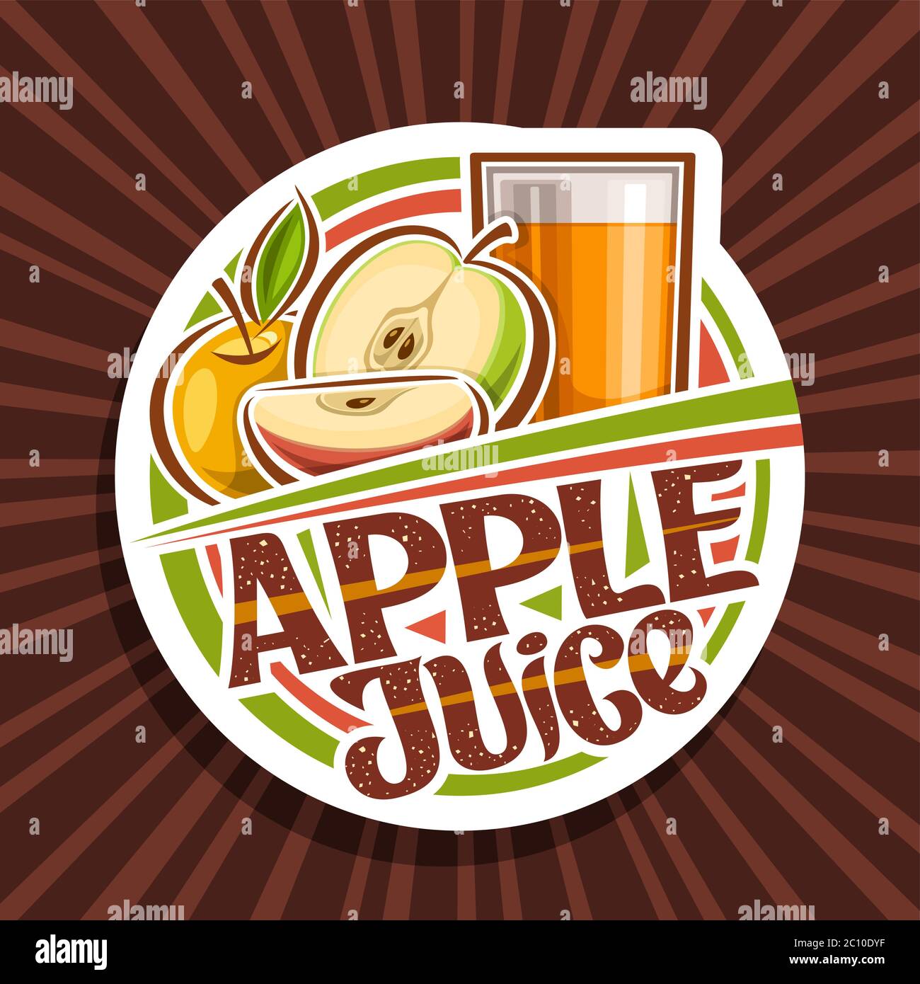 Logo vectoriel pour jus de pomme, étiquette décorative en papier découpé avec illustration de la boisson aux fruits en verre et 3 pommes de dessin animé, concept de fruits avec une étiquette unique en papier Illustration de Vecteur