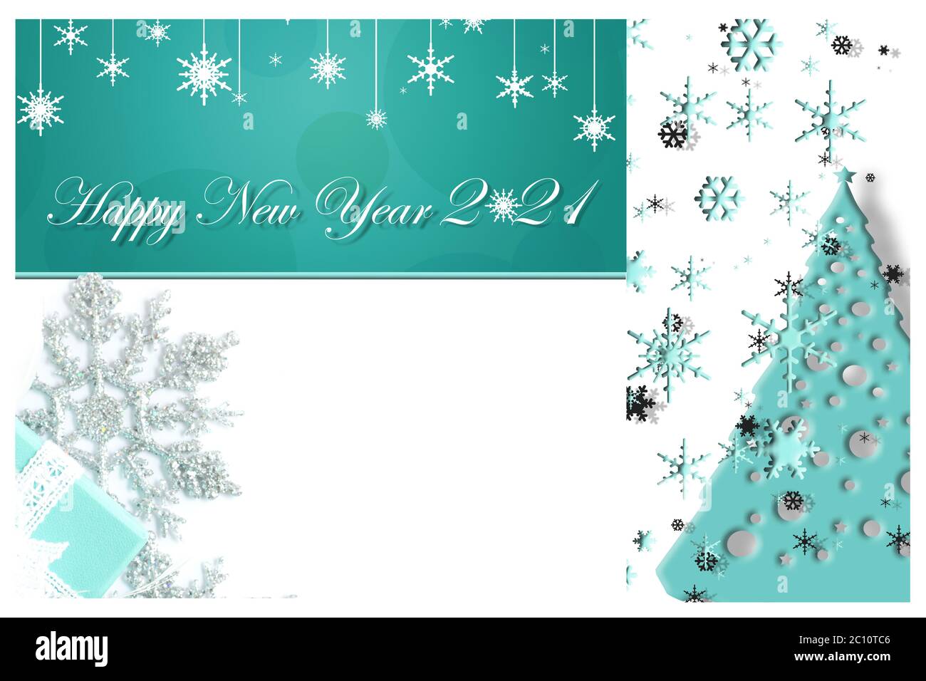 Collage de Noël et du nouvel an de couleur bleu turquoise. Flocons de neige, sapin de Noël, boîte cadeau sur fond blanc avec texte bonne année 2021. Concept de Noël. Illustration, espace de copie, bannière Banque D'Images