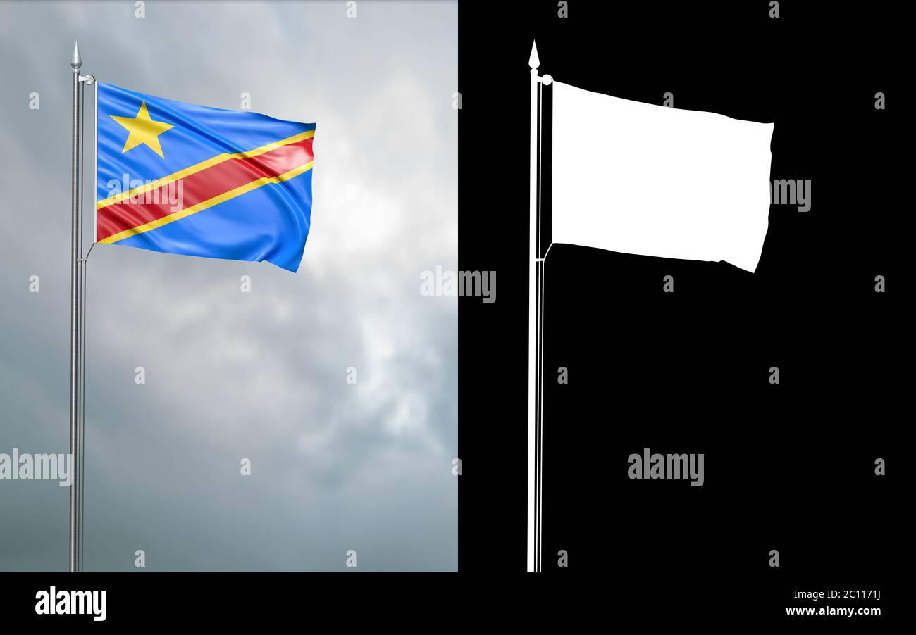 illustration 3d du drapeau d'Etat de la République démocratique du Congo se déplaçant dans le vent au niveau du mât devant un ciel nuageux avec son alpha c Banque D'Images