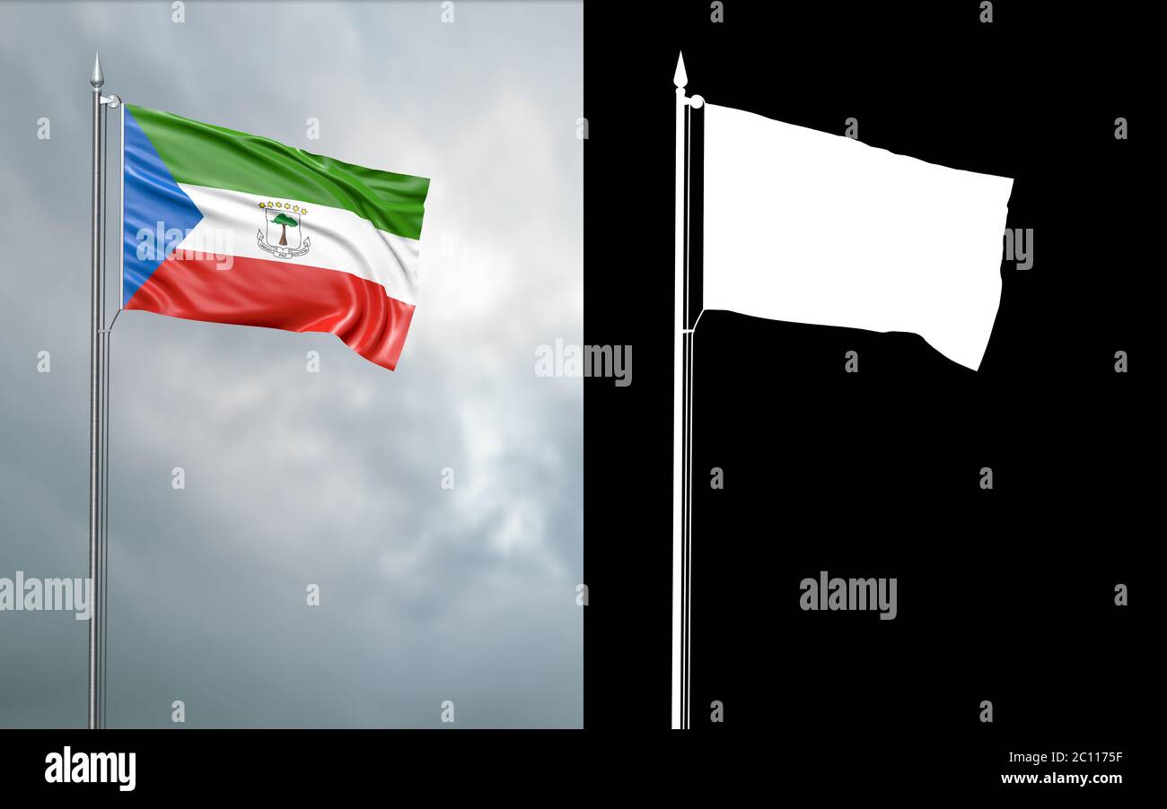 illustration 3d du drapeau d'état de la République de Guinée équatoriale se déplaçant dans le vent au niveau du mât devant un ciel nuageux avec son alpha chan Banque D'Images