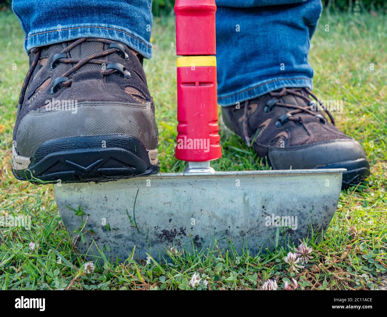 Gros plan depuis le sol d'une robuste botte lacée sur la lèvre d'une bêche à bordure, sur une pelouse dans un jardin / cour, prêt à créer un bord net. Banque D'Images