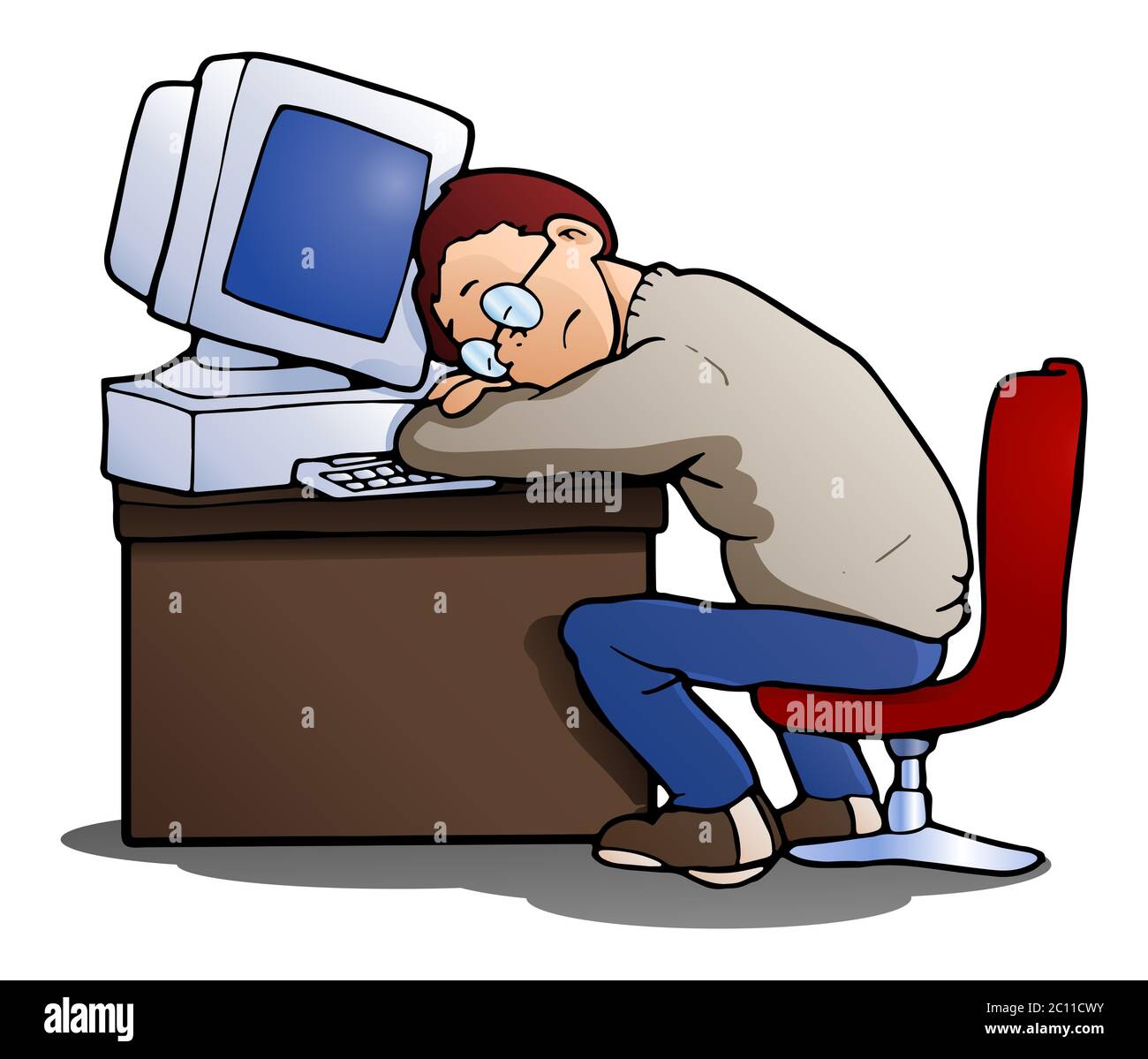 illustration d'un homme dormant avec un ordinateur sur un arrière-plan blanc isolé Banque D'Images