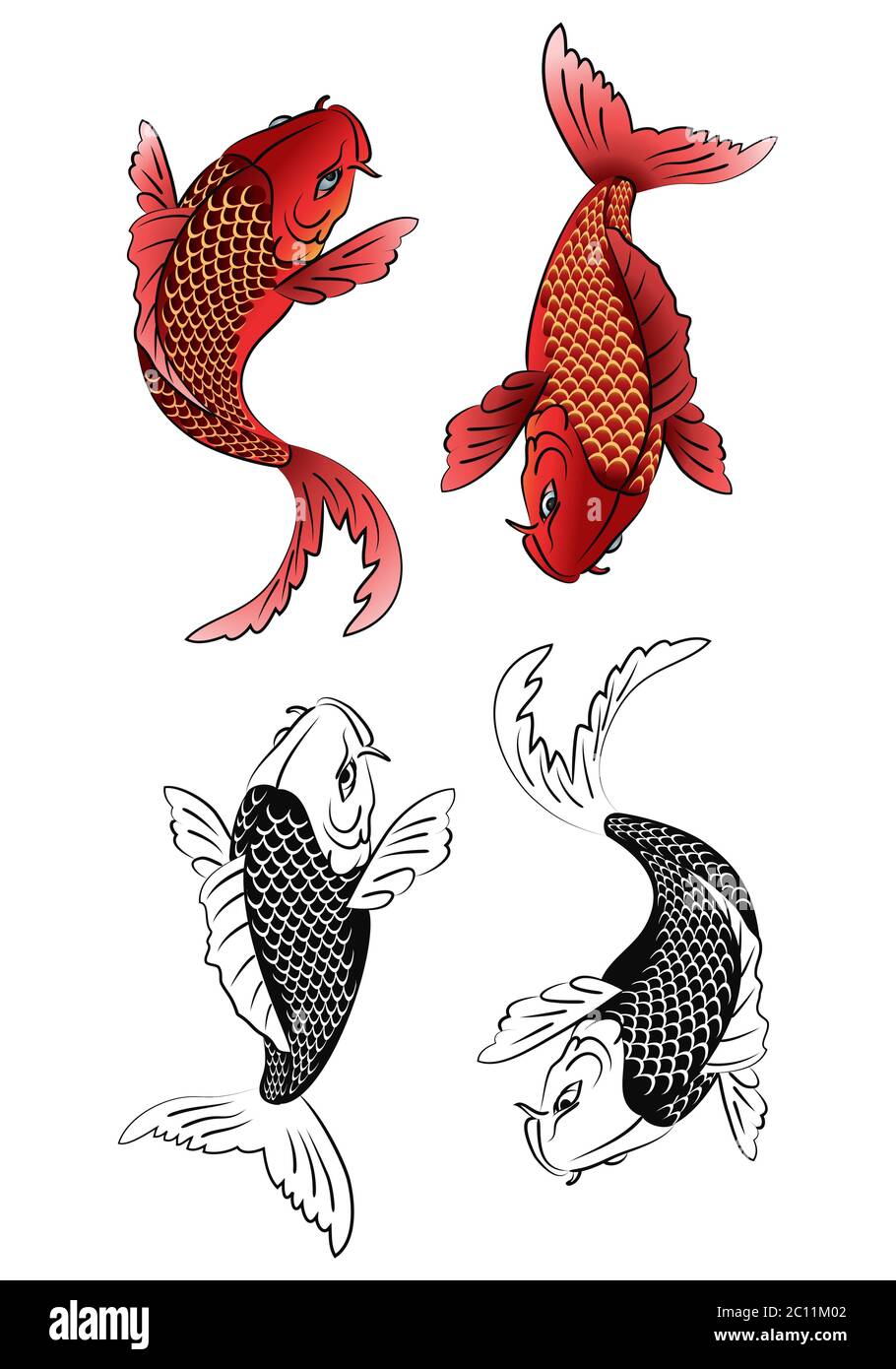 illustration d'un tatouage de deux poissons koï en couleur et noir et blanc sur fond blanc Banque D'Images
