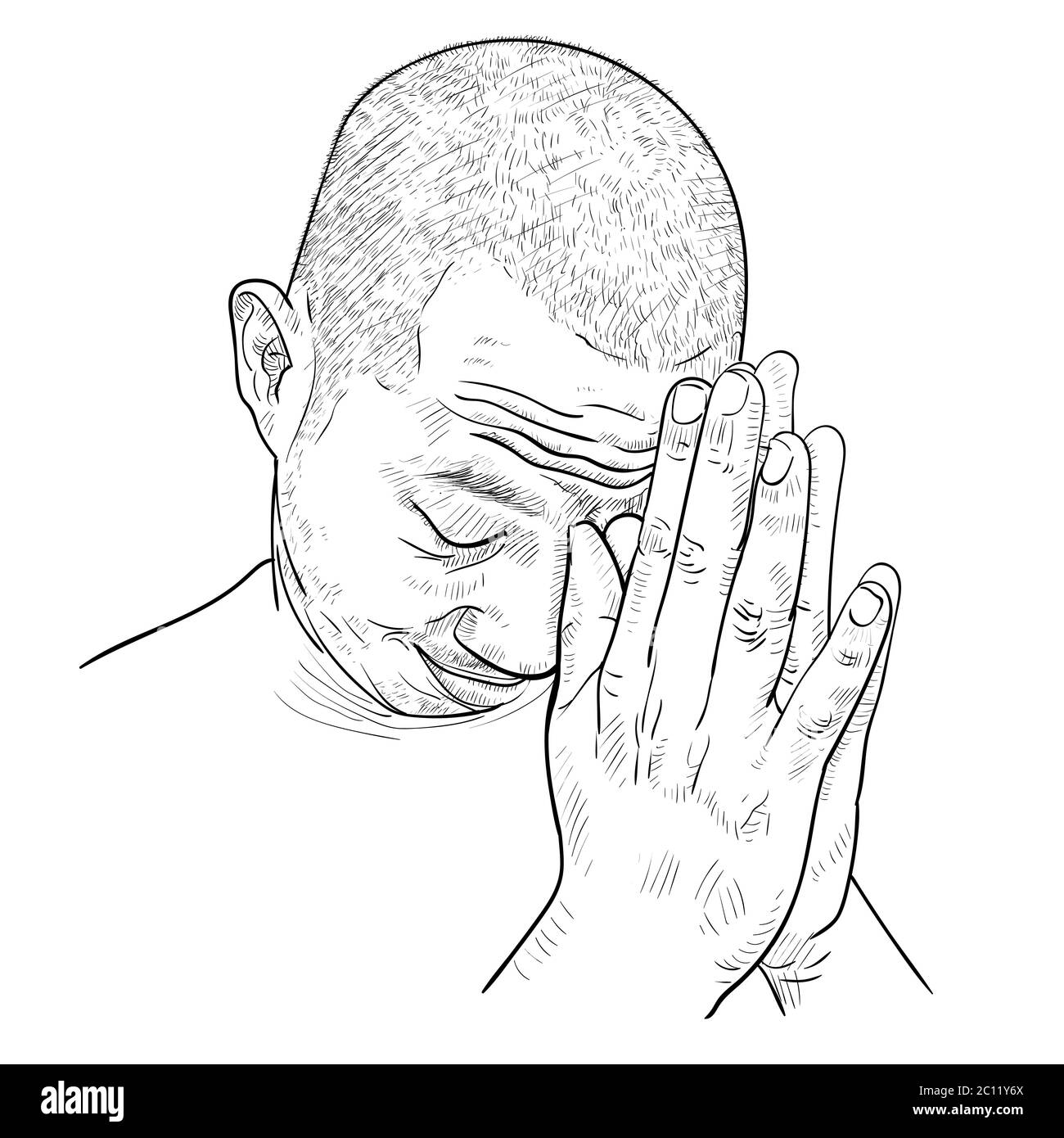 En dessinant le portrait d'un homme, saluer, respecter, presser les mains ensemble à la pose du front, comme culture thaïlandaise. Illustration vectorielle. Illustration de Vecteur