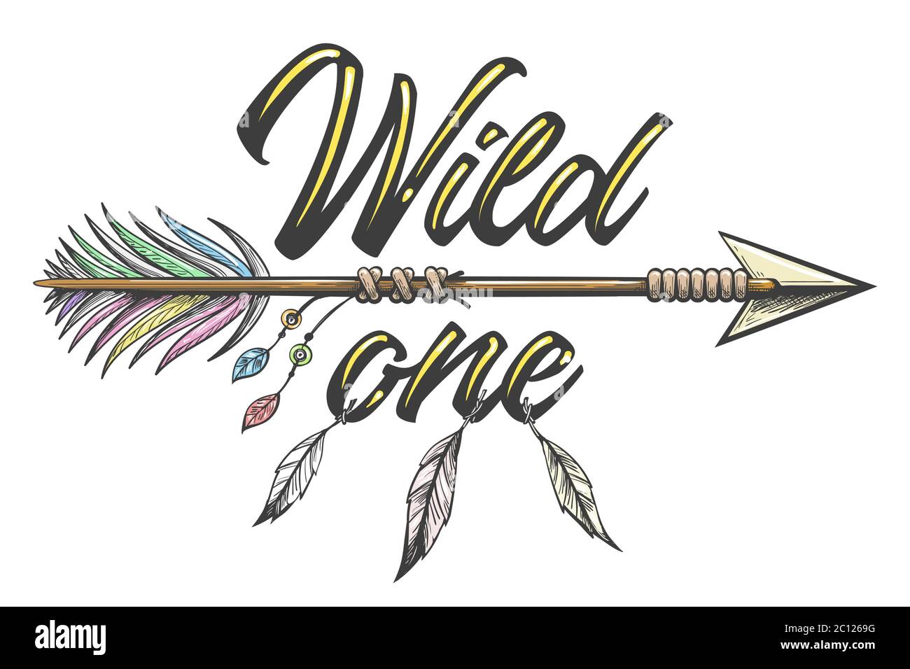 Main tiré Native American Indian Arrow avec plumes et lettrage Wild One tatouage. Illustration vectorielle. Illustration de Vecteur