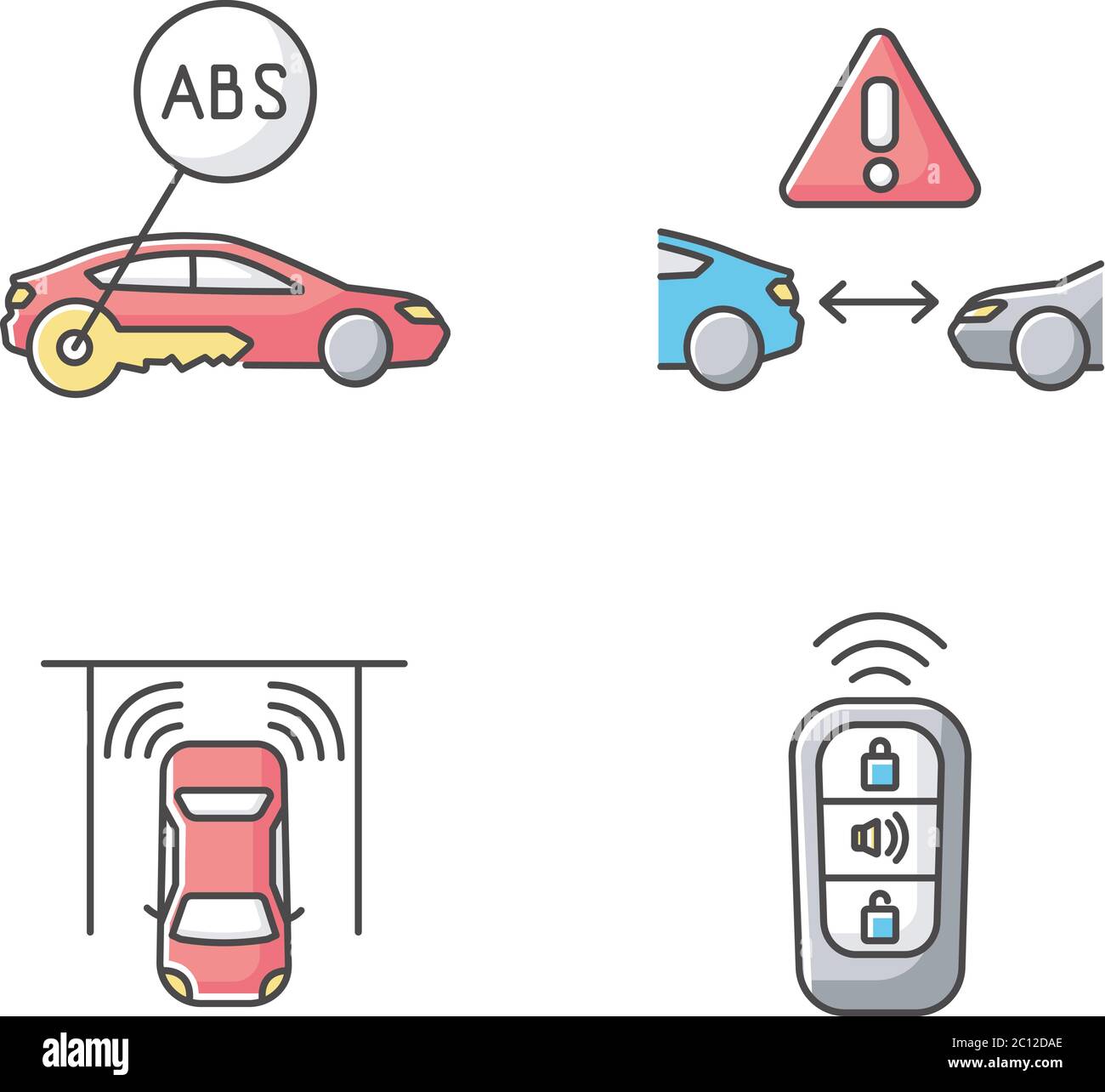 Jeux d'icônes de couleur RVB des systèmes de sécurité de conduite intelligents Illustration de Vecteur