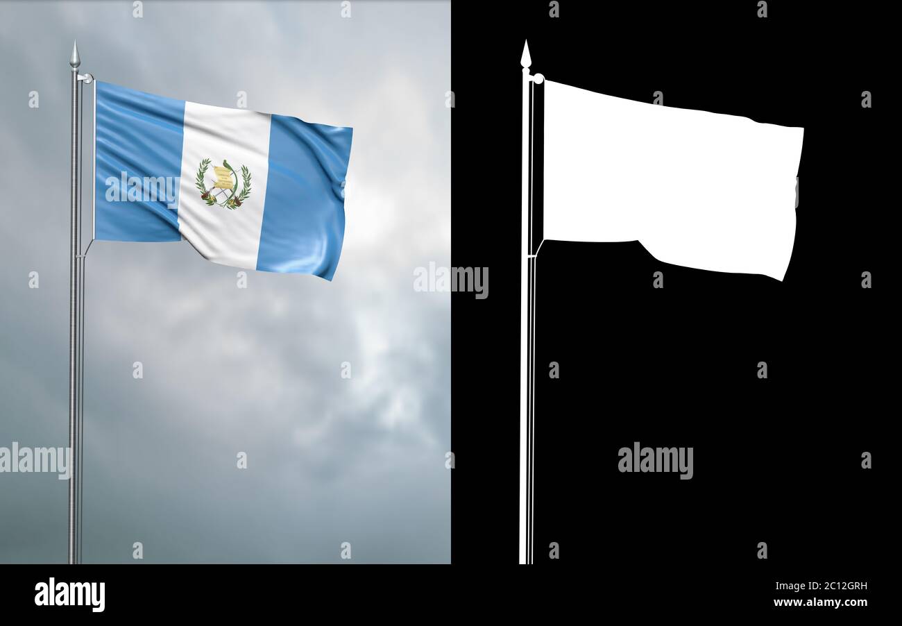 illustration 3d du drapeau d'Etat de la République du Guatemala se déplaçant dans le vent au niveau du mât devant un ciel nuageux avec son canal alpha Banque D'Images