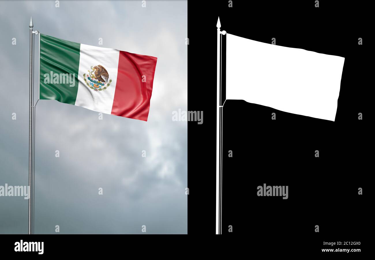 illustration 3d du drapeau d'état des États-Unis mexicains se déplaçant dans le vent au niveau du mât devant un ciel nuageux avec son canal alpha Banque D'Images