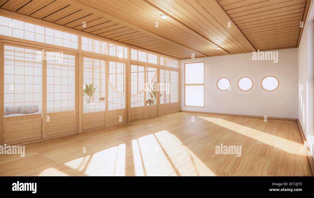 Chambre japonaise style tropical intérieur, grande pièce vide intérieur maquette.rendu 3D Banque D'Images
