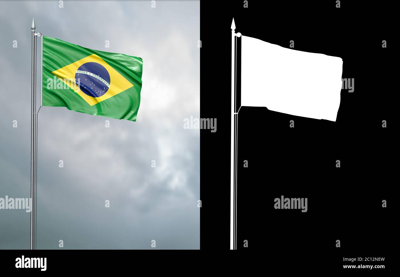 illustration 3d du drapeau d'état de la République fédérative du Brésil se déplaçant dans le vent au niveau du mât devant un ciel nuageux avec son alpha chan Banque D'Images