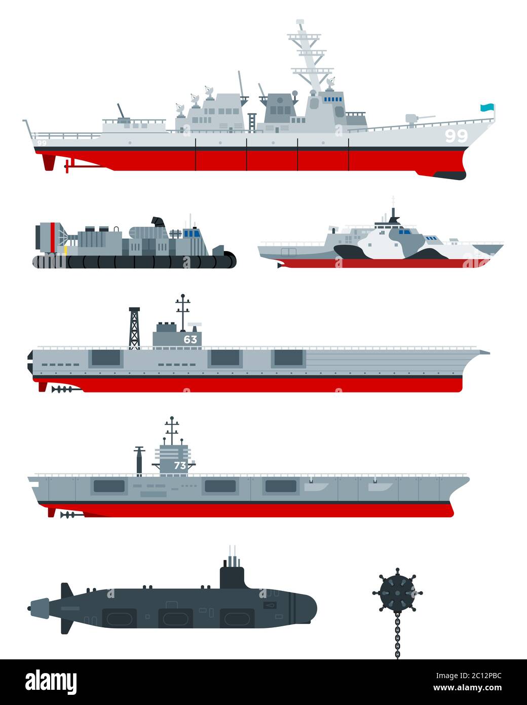Icônes vectorielles plates des navires militaires. Différents types de navires de combat naval, bateaux militaires, navires. Illustration de Vecteur