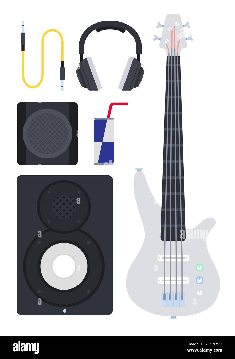 Jeu de guitare électrique, système de haut-parleurs et illustration vectorielle de casque dans un design plat. Illustration de Vecteur