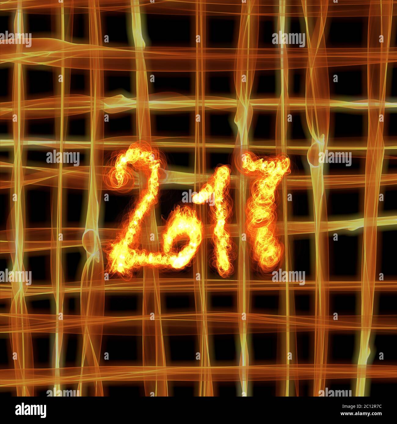 Bonne année 2017 numéros isolés écrit avec le feu sur feu vif bokeh background grille. Banque D'Images