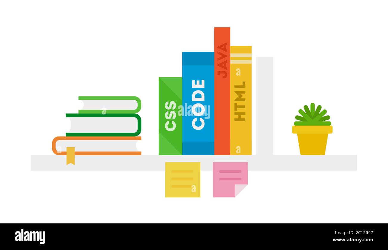 Programmation de livres avec texte CSS, CODE, JAVA, HTML sur l'étagère illustration vectorielle dans un design plat. Illustration de Vecteur