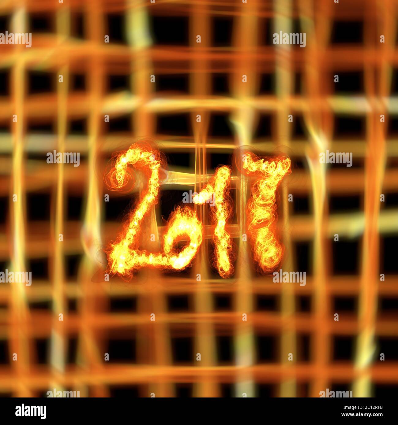 Bonne année 2017 numéros isolés écrit avec le feu sur feu vif bokeh background grille. Banque D'Images