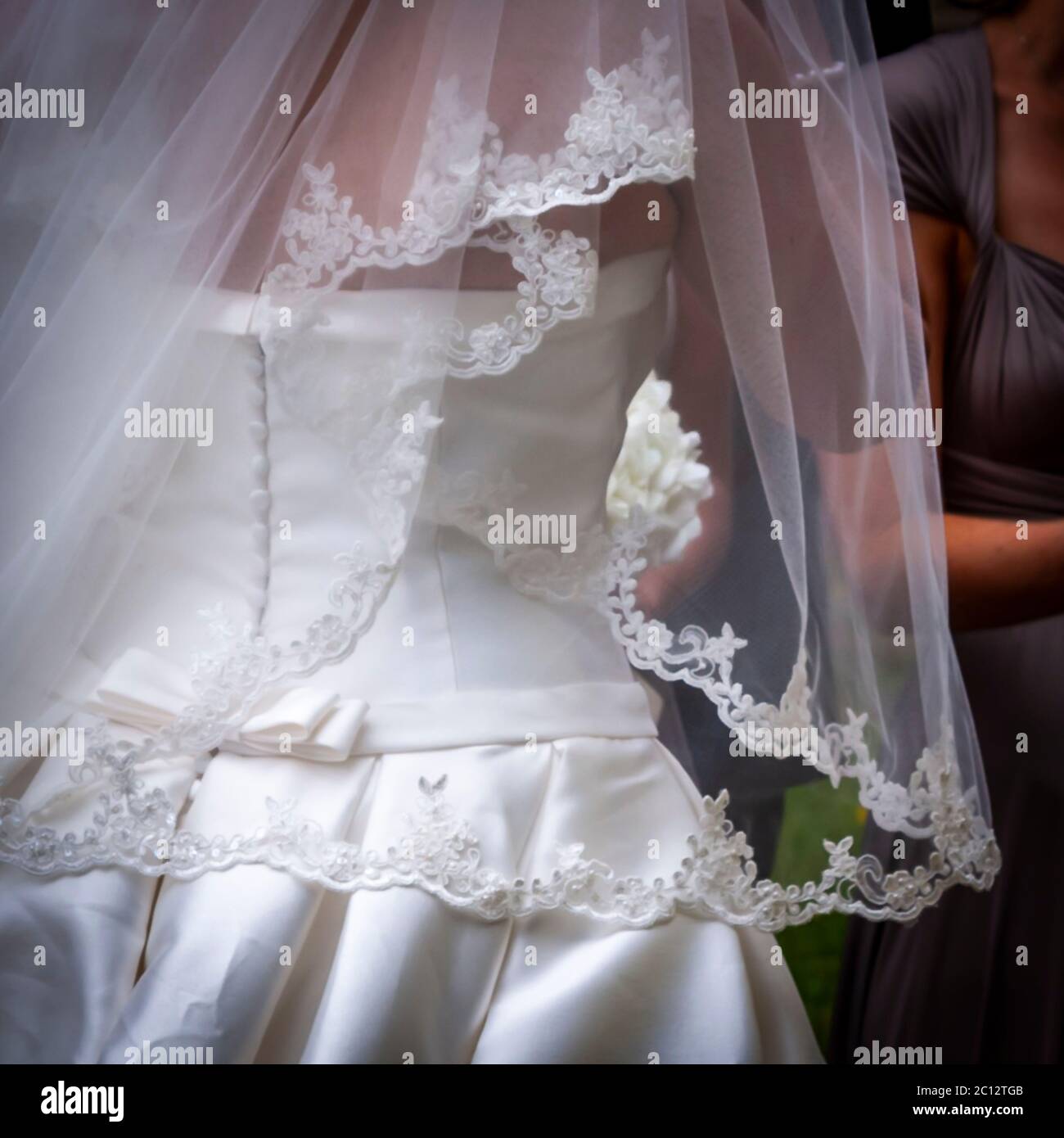 Le voile de la mariée de dentelle de derrière. Mariage britannique dans le sud de Cambridgeshire, Angleterre Banque D'Images