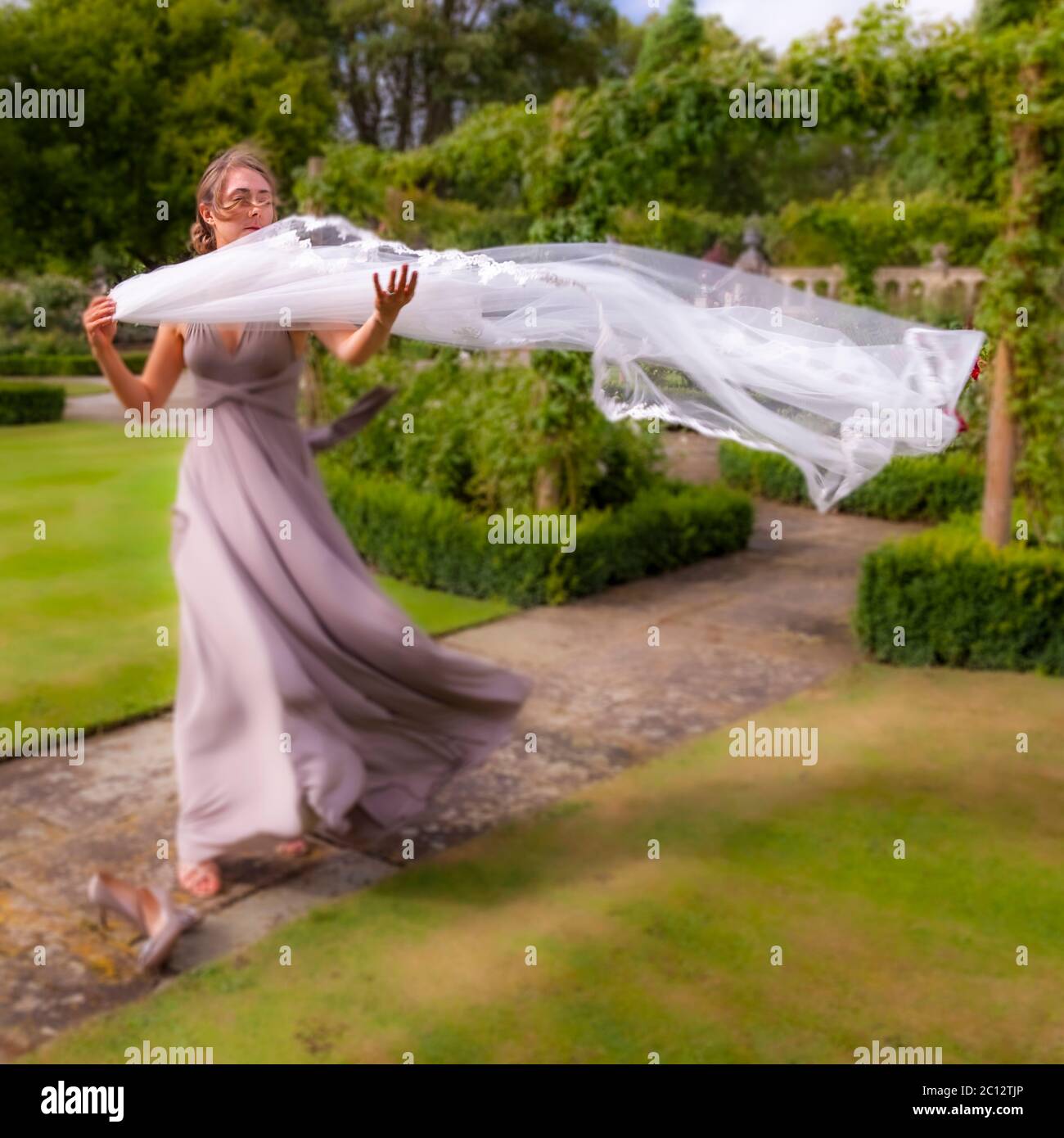 Une femme d'honneur fait vatter le voile de la mariée dans le vent. Mariage britannique dans le sud de Cambridgeshire, Angleterre Banque D'Images
