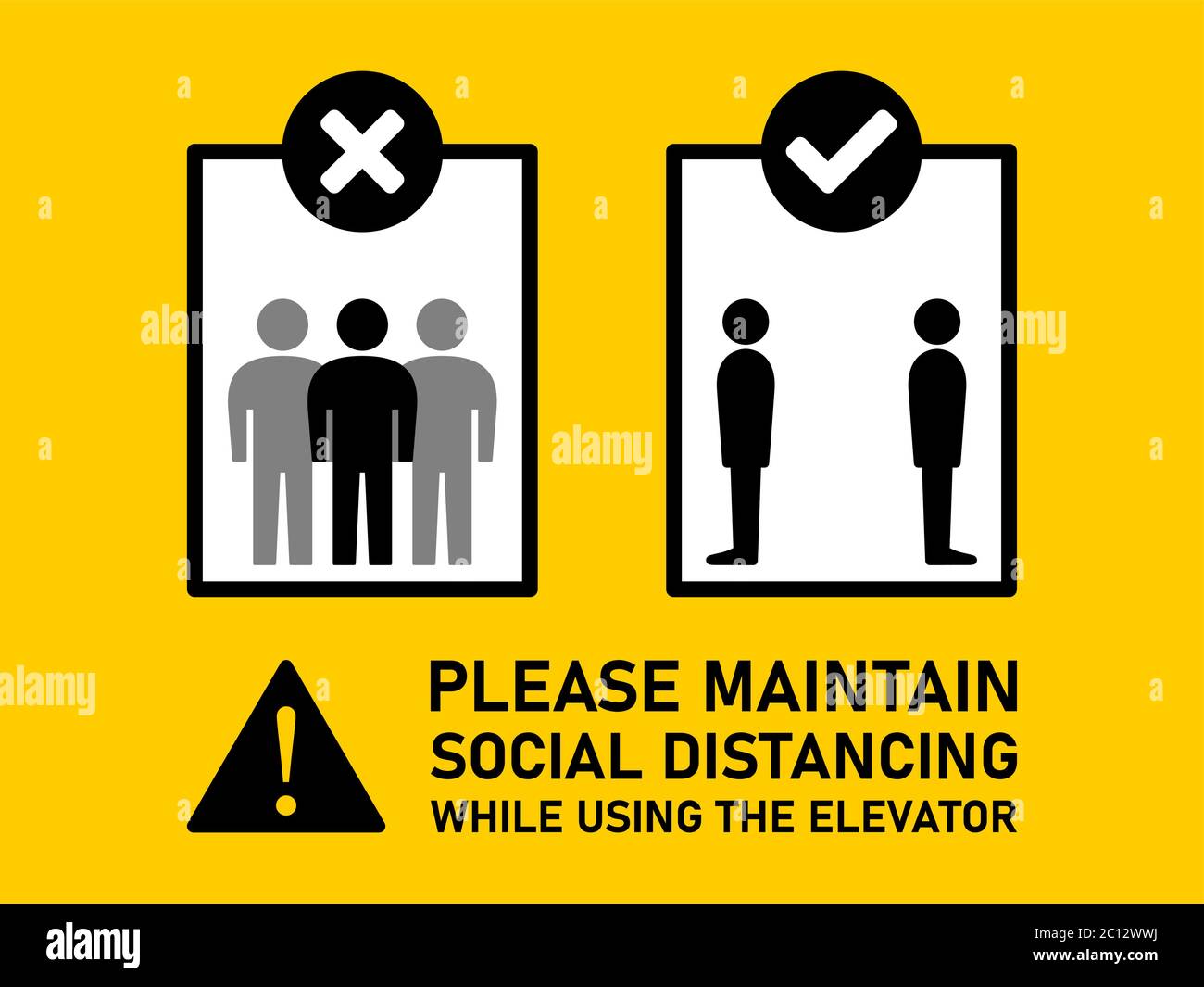 Maintenez vos distances sociales et gardez votre distance en utilisant le panneau d'instructions de comportement d'ascenseur avec texte. Image vectorielle. Illustration de Vecteur