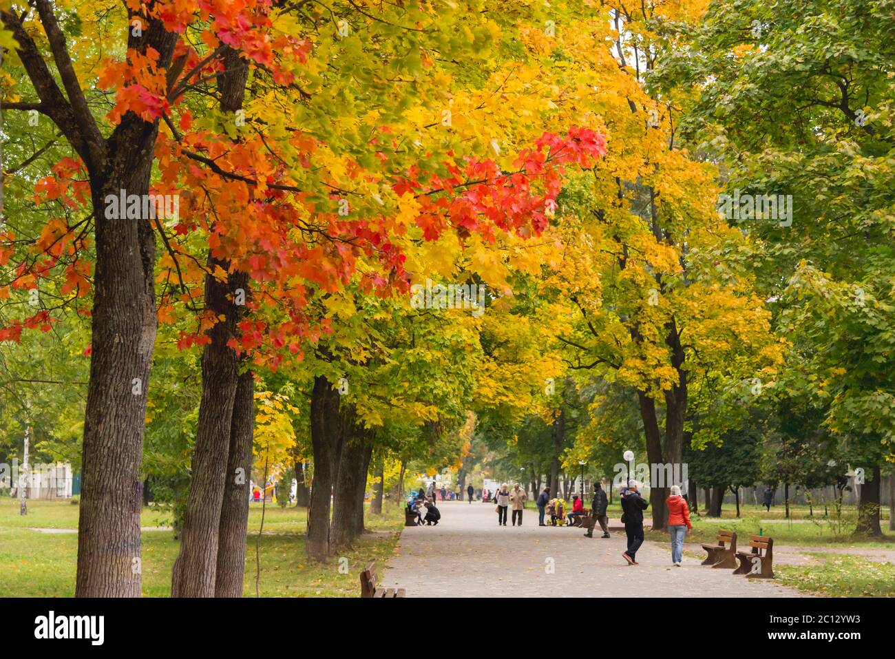 Les gens qui marchent le long de l'allée dans le parc avec des temples jaunes et rouges en automne Banque D'Images