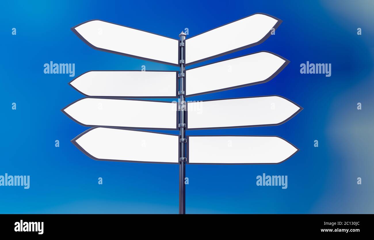 Panneau métallique devant le ciel bleu avec flèches vierges Banque D'Images