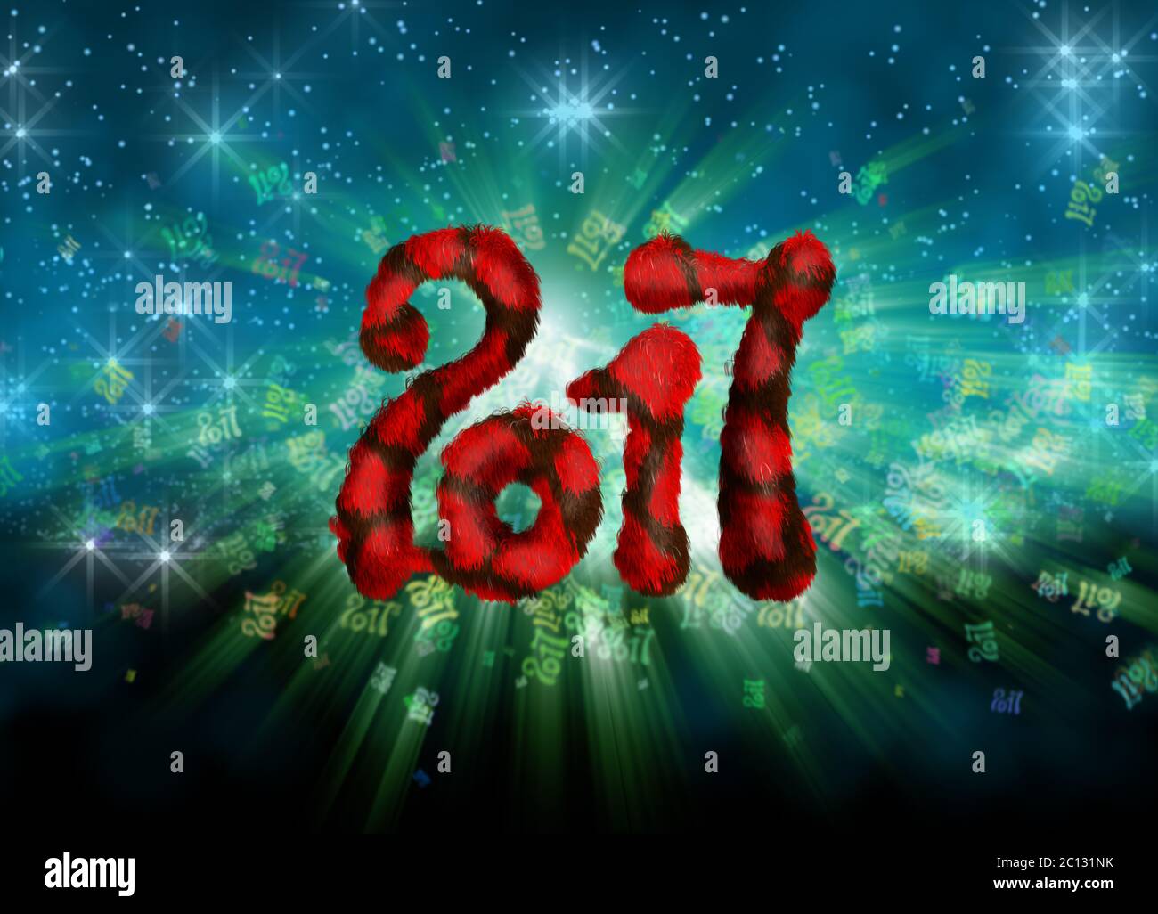Bonne année 2017 numéros de fourrure isolés sur fond de bokeh lumineux plein de chiffres volants illustration 3d Banque D'Images