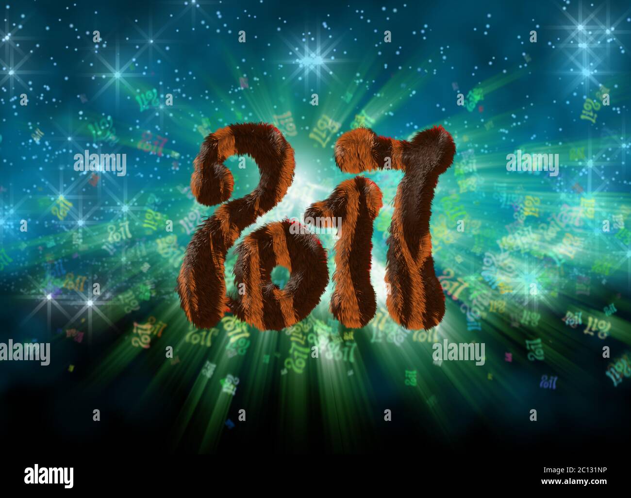 Bonne année 2017 numéros de fourrure isolés sur fond de bokeh lumineux plein de chiffres volants illustration 3d Banque D'Images