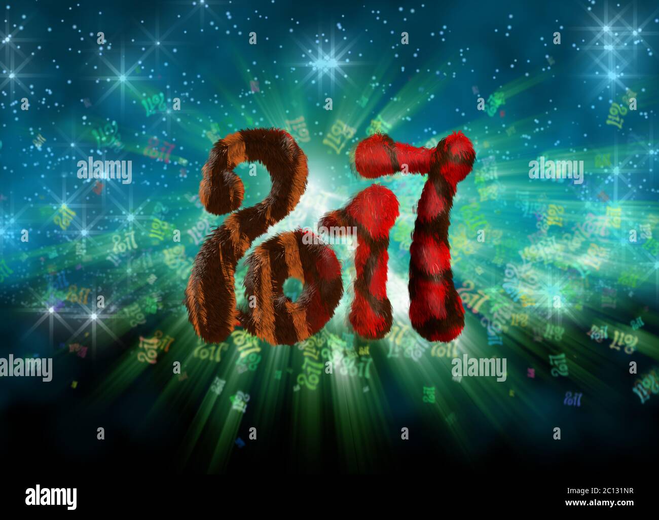 Bonne année 2017 numéros de fourrure isolés sur fond de bokeh lumineux plein de chiffres volants illustration 3d Banque D'Images