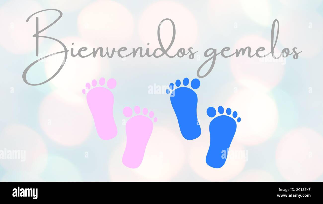 Illustration Banniere Dessin Ou Carte Avec Les Twins De Bienvenue Ecrits En Espagnol Rose Et Bleu Convient Aux Cartes De Douches De Bebe Ou Aux Invitations Cu Photo Stock Alamy