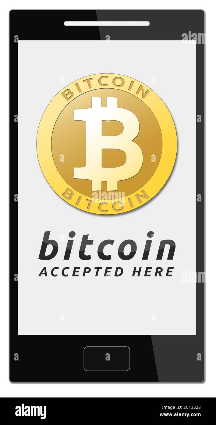 Nous acceptons des bitcoins. Bitcoin or argent virtuel sur téléphone mobile  Photo Stock - Alamy
