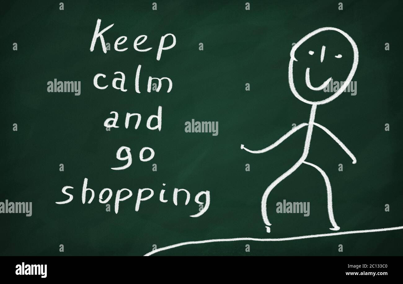 Sur le tableau noir dessiner et écrire des caractères garder son calme et faire du shopping Banque D'Images