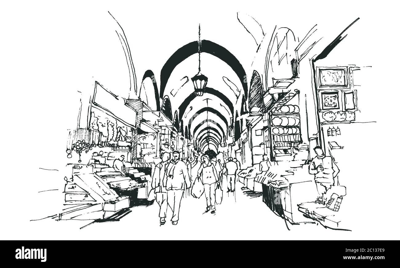 Dessin d'illustration du Bazar égyptien avec de petits magasins et de gens shopping, Istanbul Illustration de Vecteur