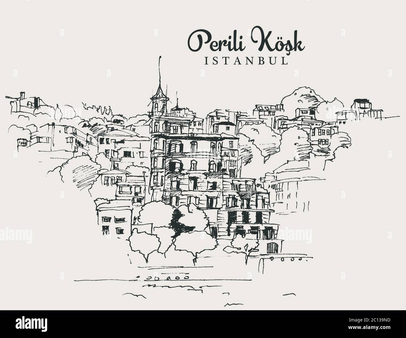 Dessin d'illustration de Perili Kosk, la Maison de la Fée, une ancienne structure ottomane construite en 1911 le long de la côte européenne du Bosphore d'Istanbul Illustration de Vecteur