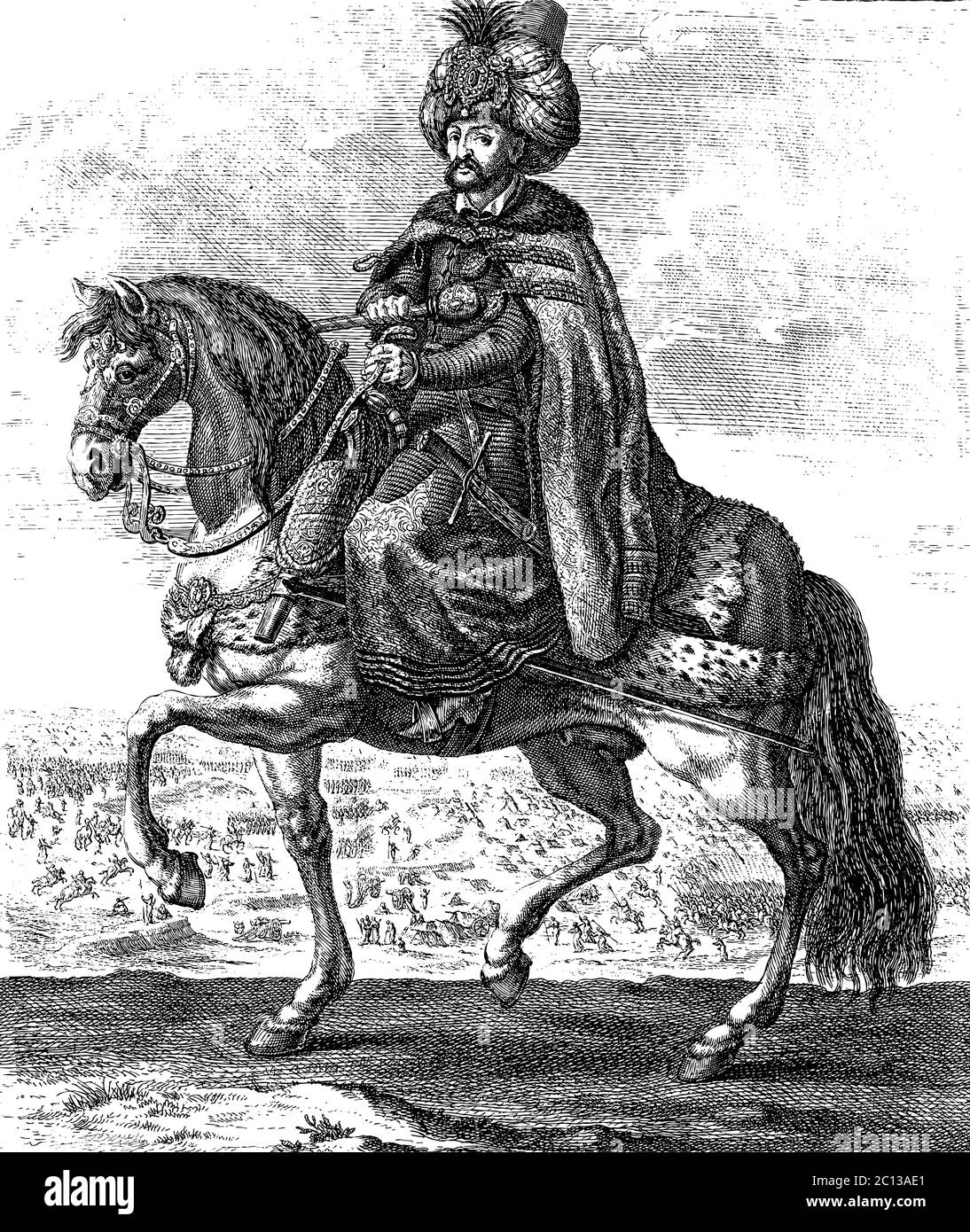 Sultan ottoman à cheval, illustration vectorielle de gravure vintage Illustration de Vecteur