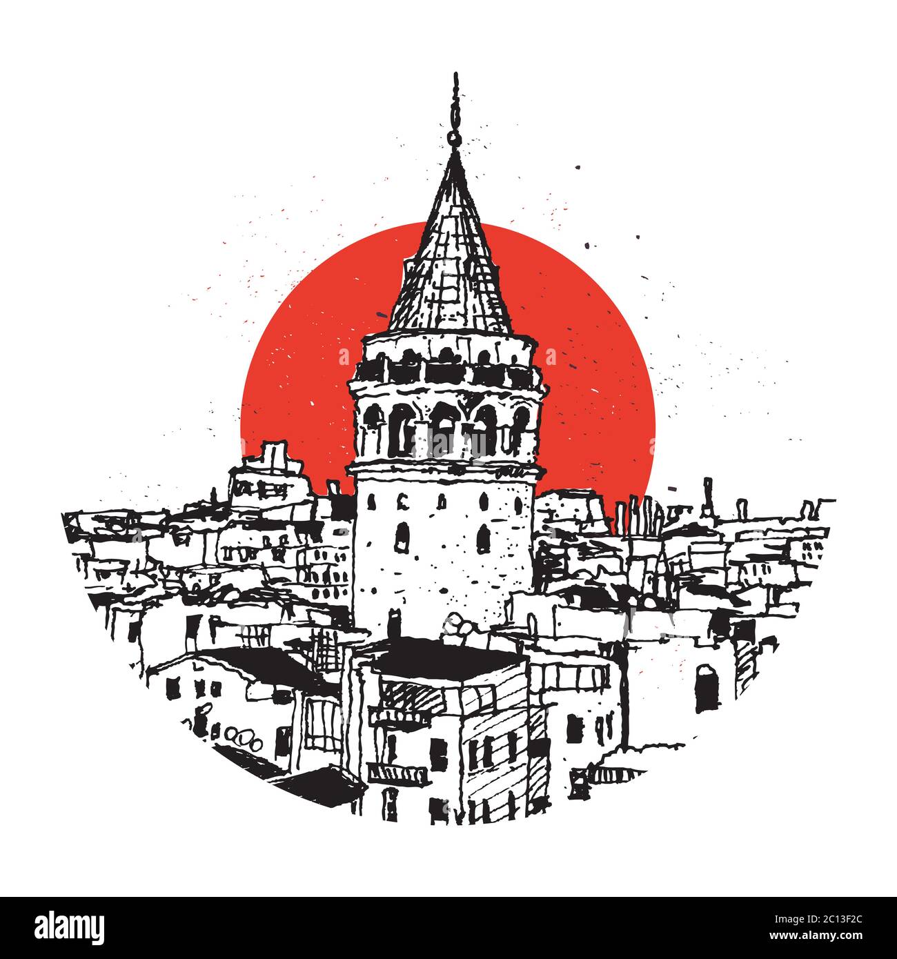 Dessin d'illustration de la Tour de Galata et des bâtiments autour, le monument symbolique d'Istanbul, Turquie Illustration de Vecteur