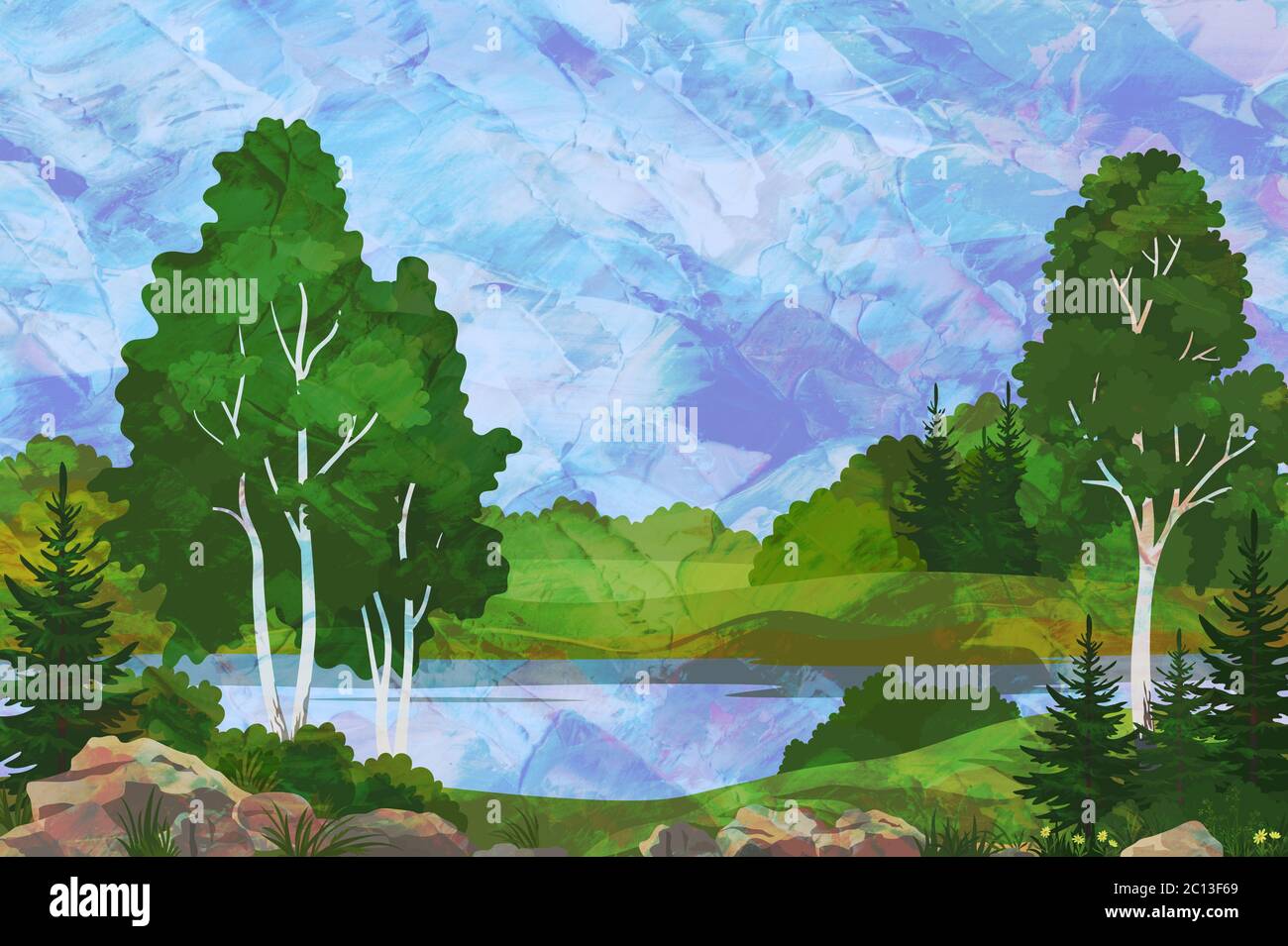 Paysage avec des arbres et le lac Banque D'Images
