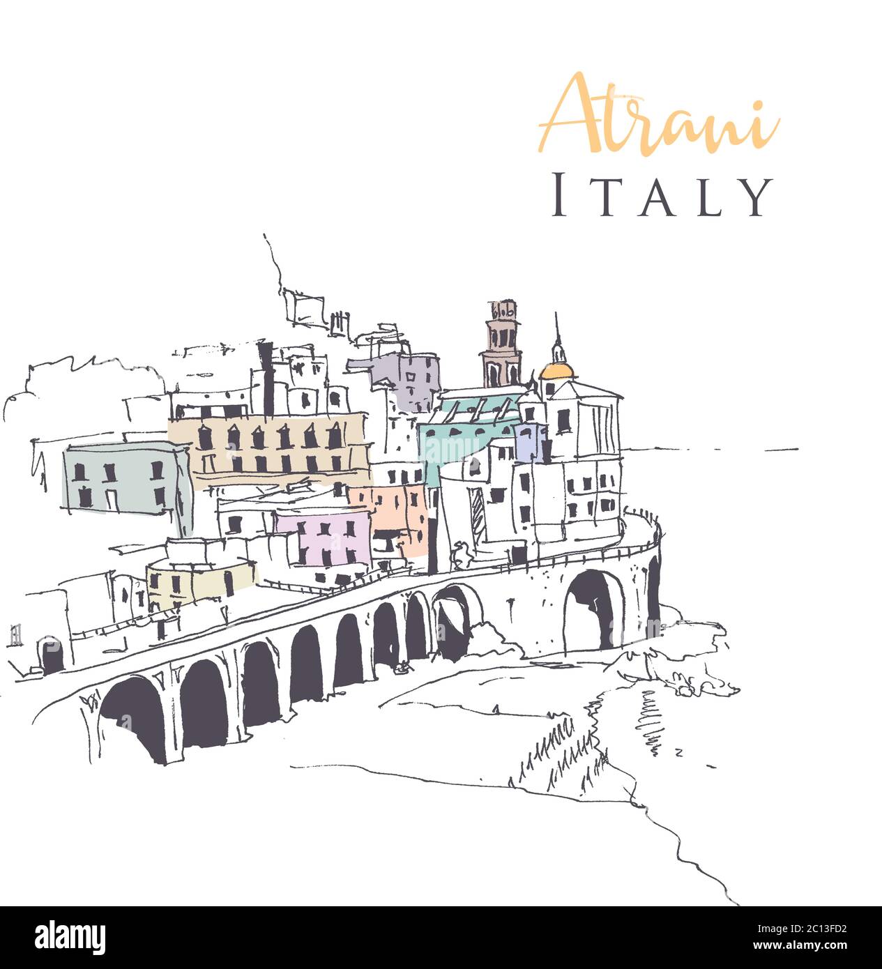 Dessin d'une illustration d'Atrani, le plus petit village du sud-ouest de l'Italie. Illustration de Vecteur