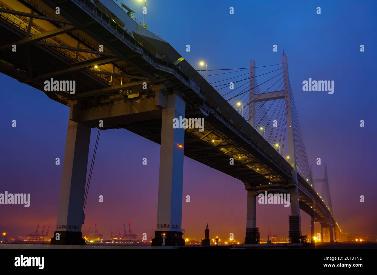Vue sur le pont de la baie de Yokohama depuis le parc West de Daikoku Pier pendant l'heure bleue avant le lever du soleil sous des cieux pluvieux et nuageux. Banque D'Images