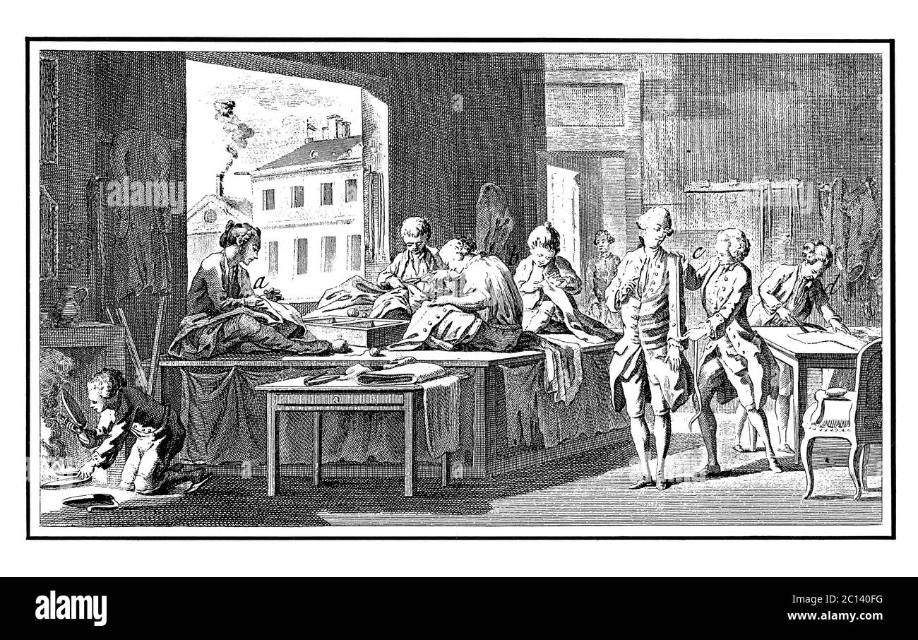 illustration du xviiie siècle d'un atelier de tailleur. Publié dans 'A Diderot Pictorial Encyclopedia of Trades and Industry. Fabrication et la technologie Banque D'Images