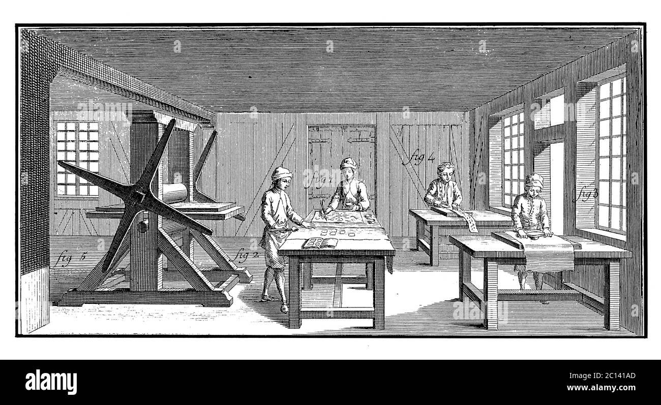 illustration du xviiie siècle d'un atelier pour la dorure de cuir. Publié dans 'A Diderot Pictorial Encyclopedia of Trades and Industry. Fabrication et Banque D'Images