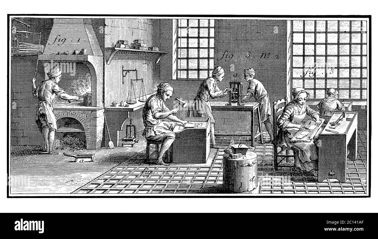 illustration du xviiie siècle d'un atelier où est fait feuille d'or. Publié dans 'A Diderot Pictorial Encyclopedia of Trades and Industry. Fabrication Banque D'Images