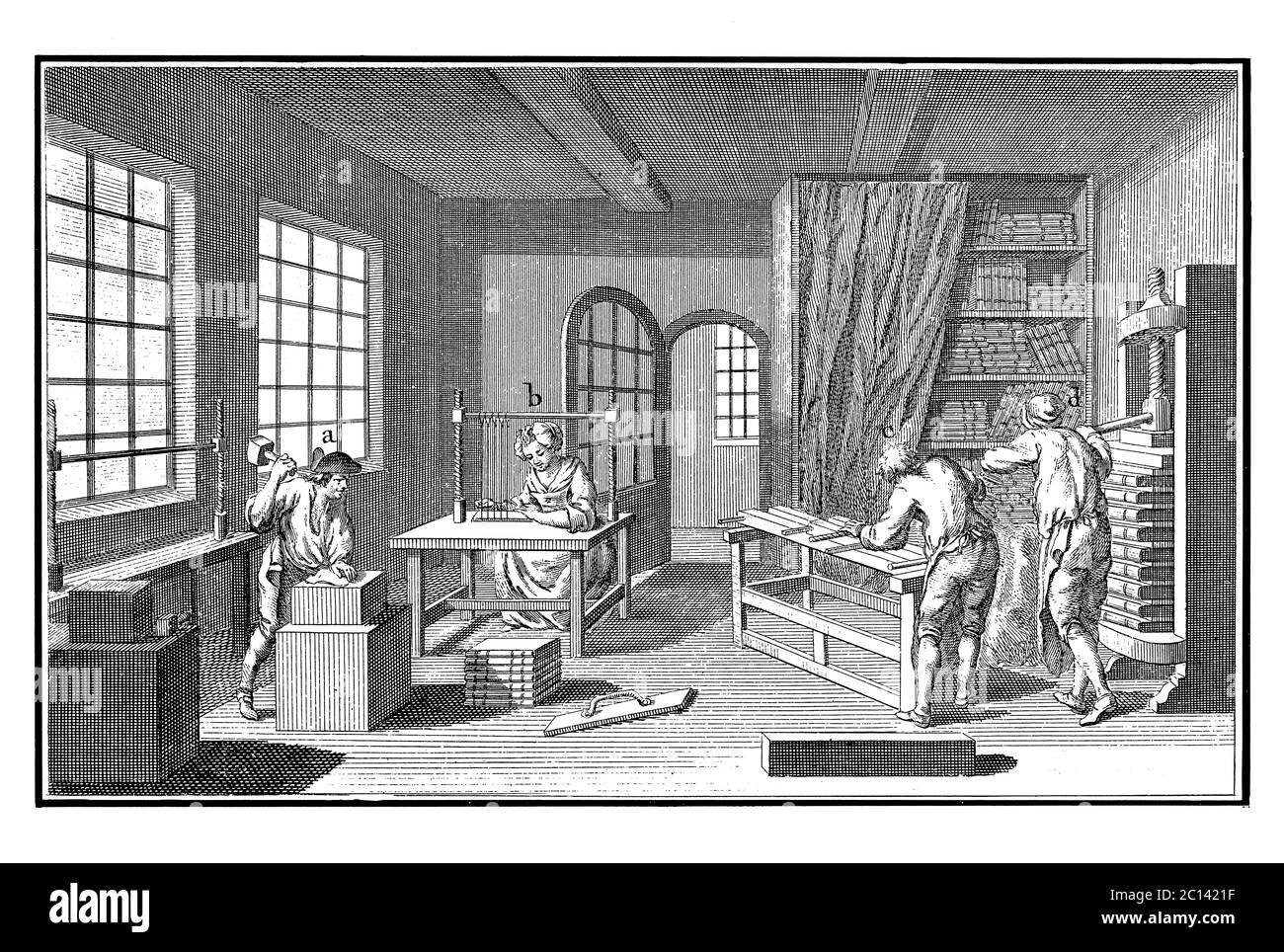 18th siècle illustration de l'atelier de reliure en France, 18th siècle. Publié dans 'A Diderot Pictorial Encyclopedia of Trades and Industry'. Banque D'Images