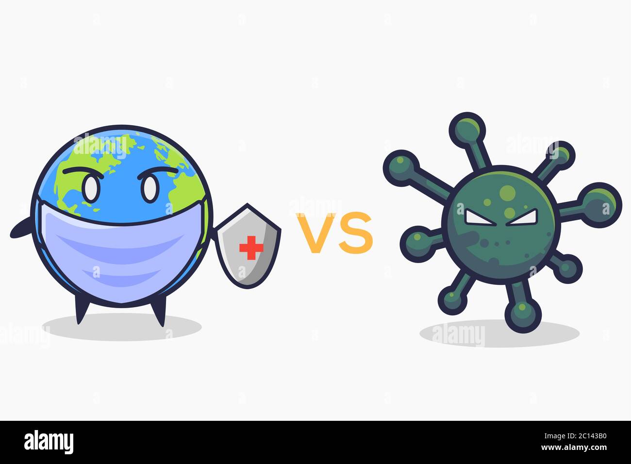 Vecteur du coronavirus de lutte contre la Terre. Illustration de la terre avec bouclier et vecteur de virus. Style dessin animé plat Illustration de Vecteur