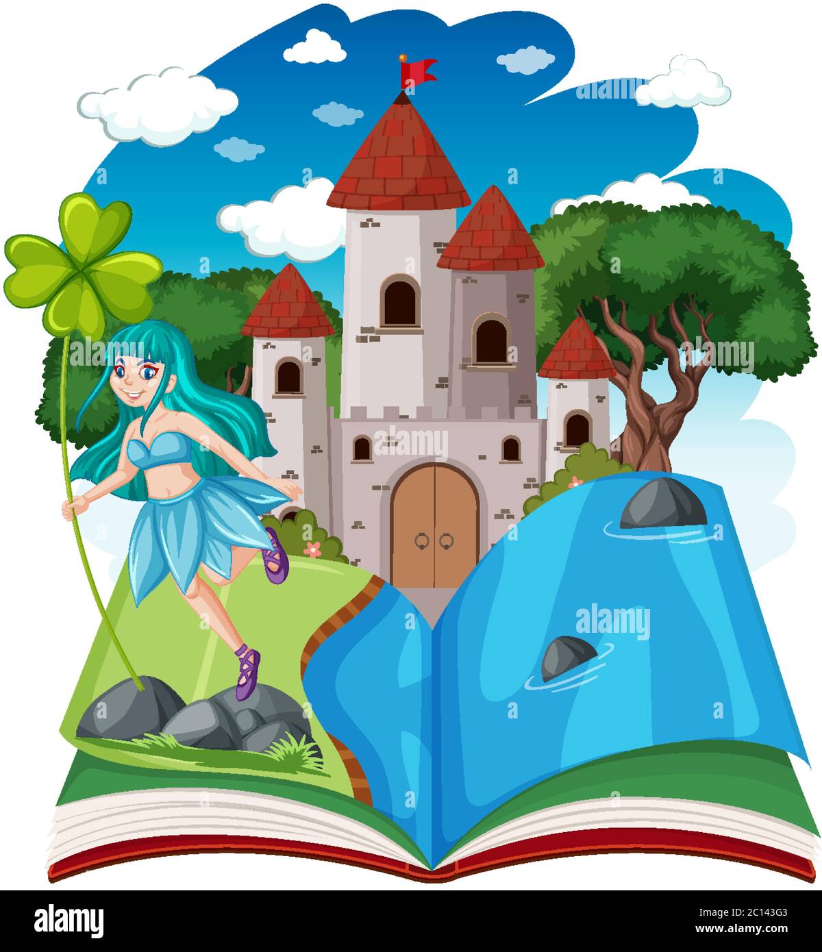 Contes de fées et tour de château sur le livre pop up style de dessin animé sur fond blanc