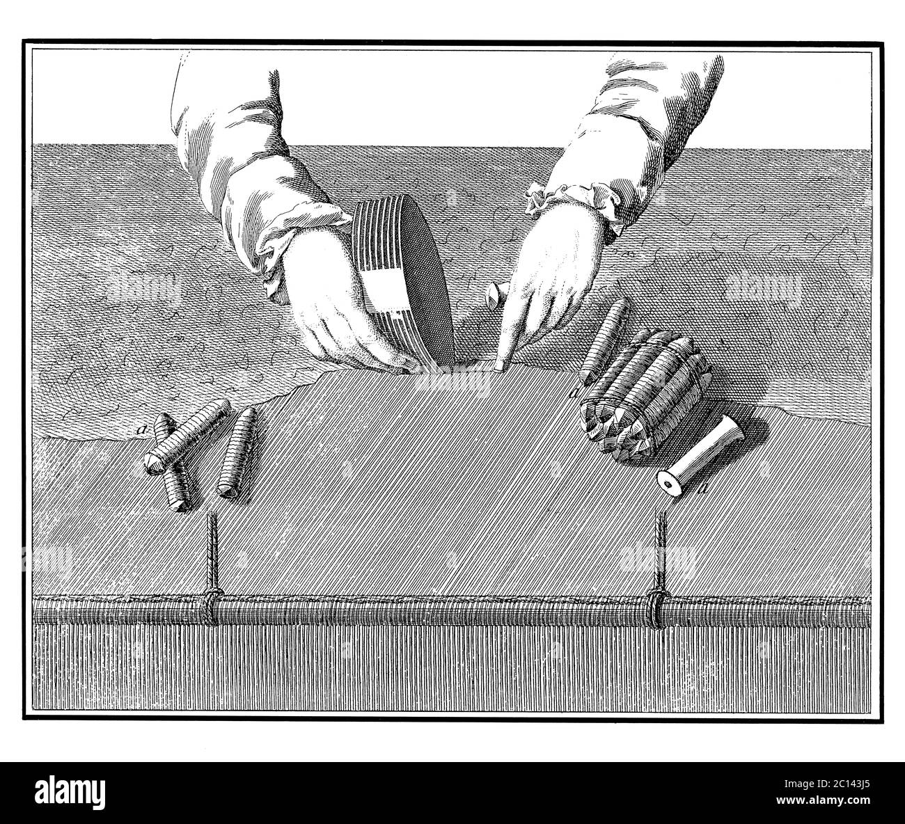 Illustration ancienne de la façon dont le tisserand termine le compactage avec un peigne. Publié dans 'A Diderot Pictorial Encyclopedia of Trades and Industry. Homme Banque D'Images