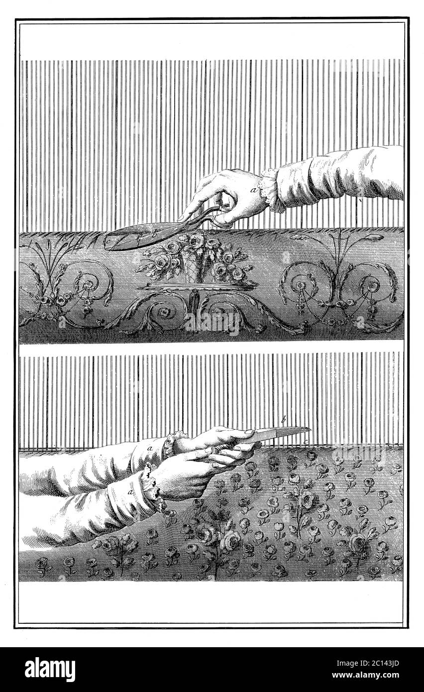 Illustration ancienne des extrémités de filetage de découpe (fig. 1) et raffermir le tissage avec le peigne (fig. 2). Publié dans 'UNE Encyclopédie d'images de Diderot de Banque D'Images