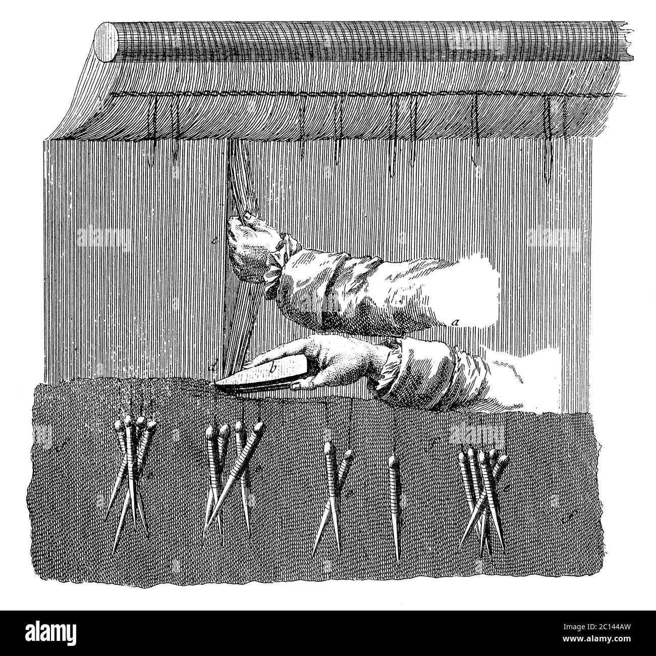 Illustration ancienne de la façon dont le tisserand bat la trame dans le tissu avec un peigne de lattage. Publié dans 'A Diderot Pictorial Encyclopedia of tr Banque D'Images