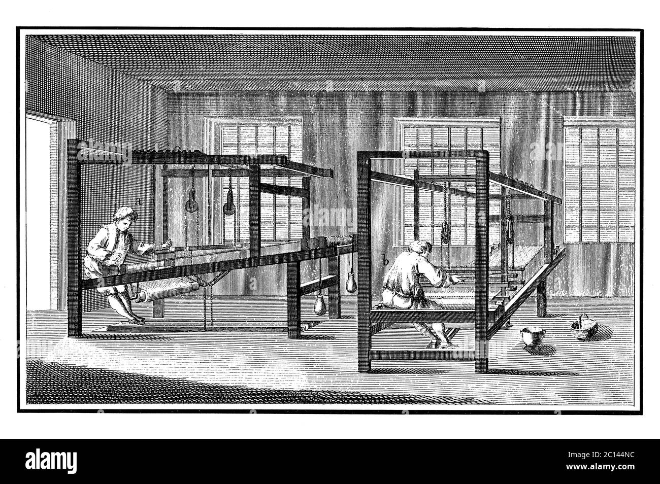 Illustration ancienne de la scène de tissage. Publié dans 'A Diderot Pictorial Encyclopedia of Trades and Industry. Fabrication et les arts techniques dans Banque D'Images