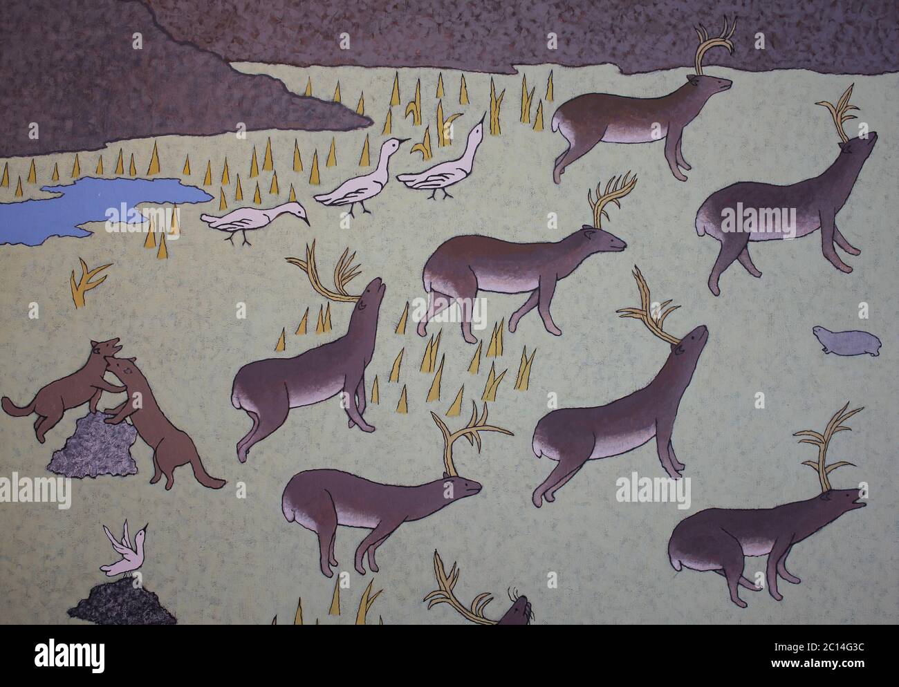 Caribou errant dans le camp inuit à la recherche de nourriture par l'artiste de Cape Dorset Mary Pudlat Banque D'Images