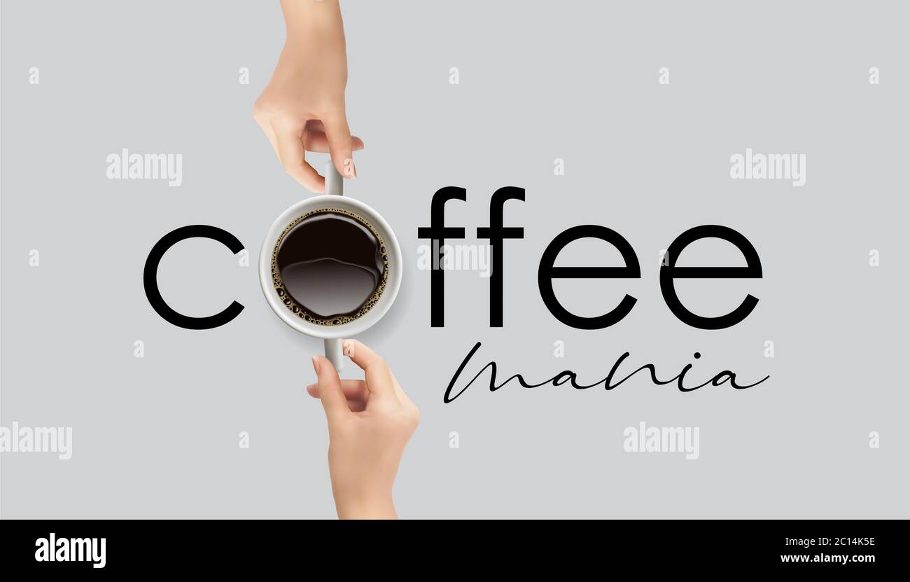 Mania café. Tasse à café avec deux poignées. Tasse à café dans la vue du dessus des mains. Illustration 3D réaliste. Banque D'Images